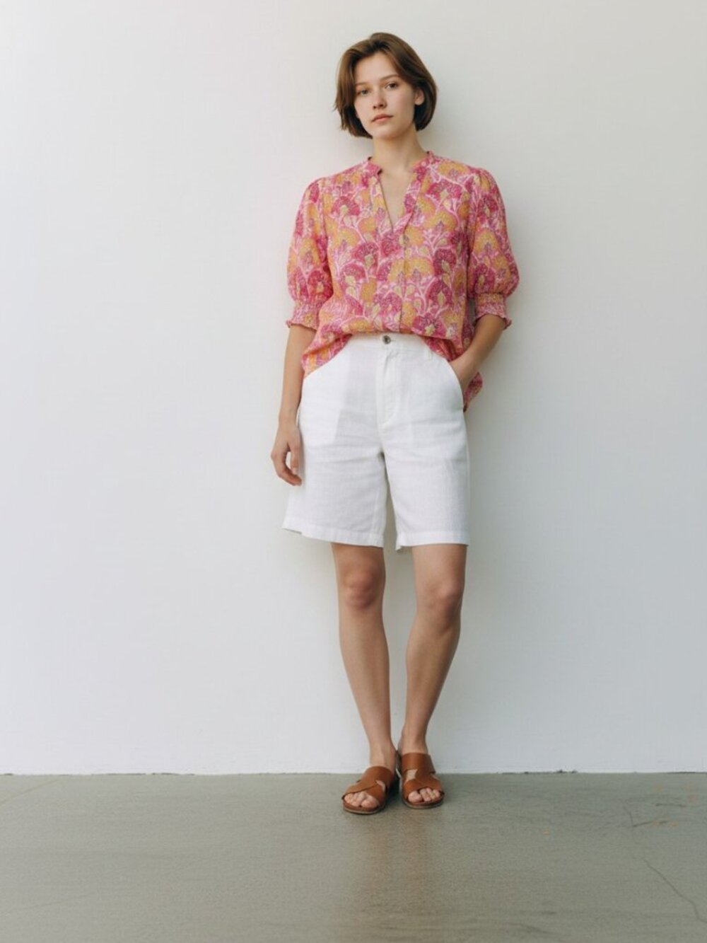 Umgee NWT Pink Floral V-Neck Blouse with Smocked Sleeves Medium